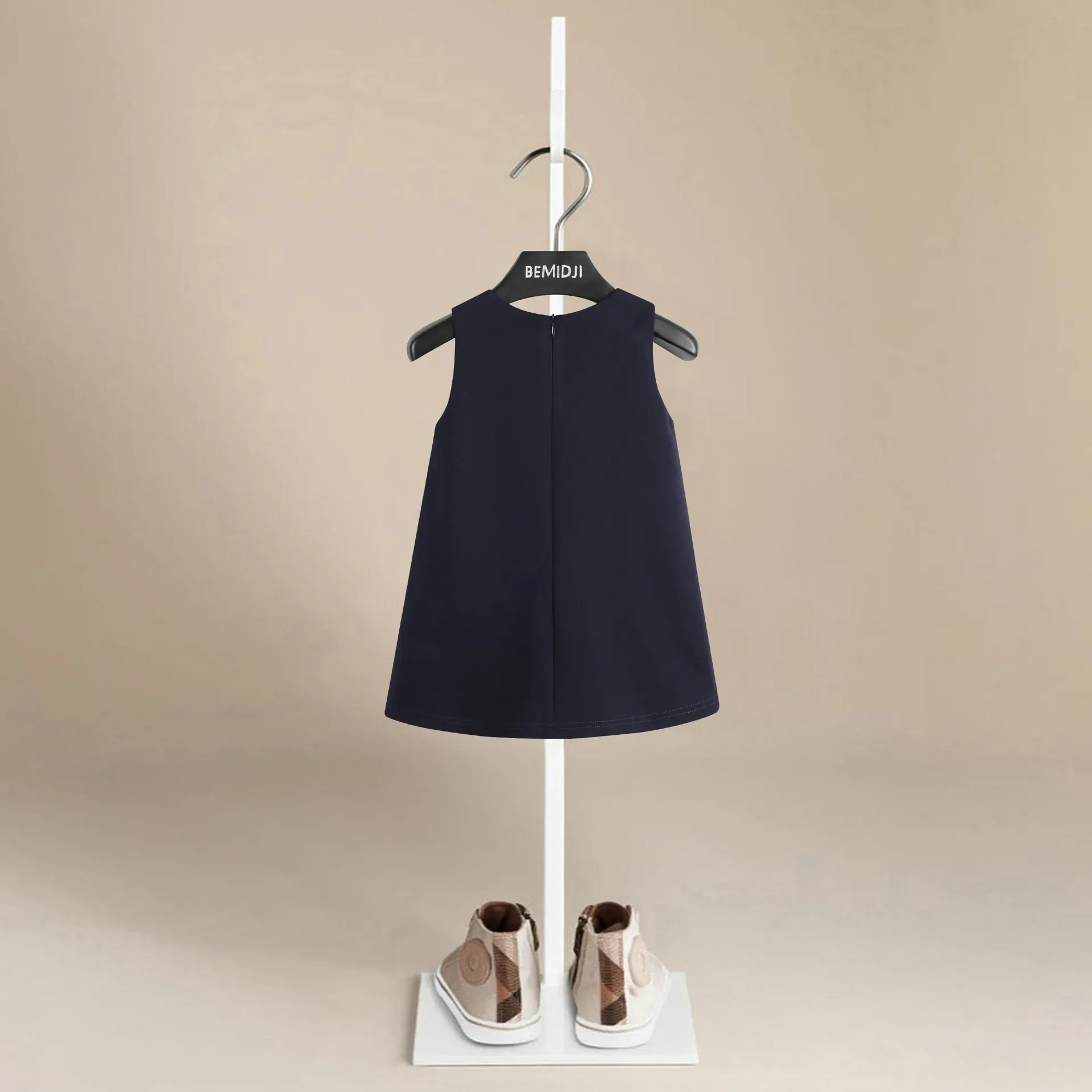 Spring Summer Girls Korean Fashion Casual Princess Style Cute Navy Blue Printed Bow Doll Collar Design Sleeveless Vest Dresses