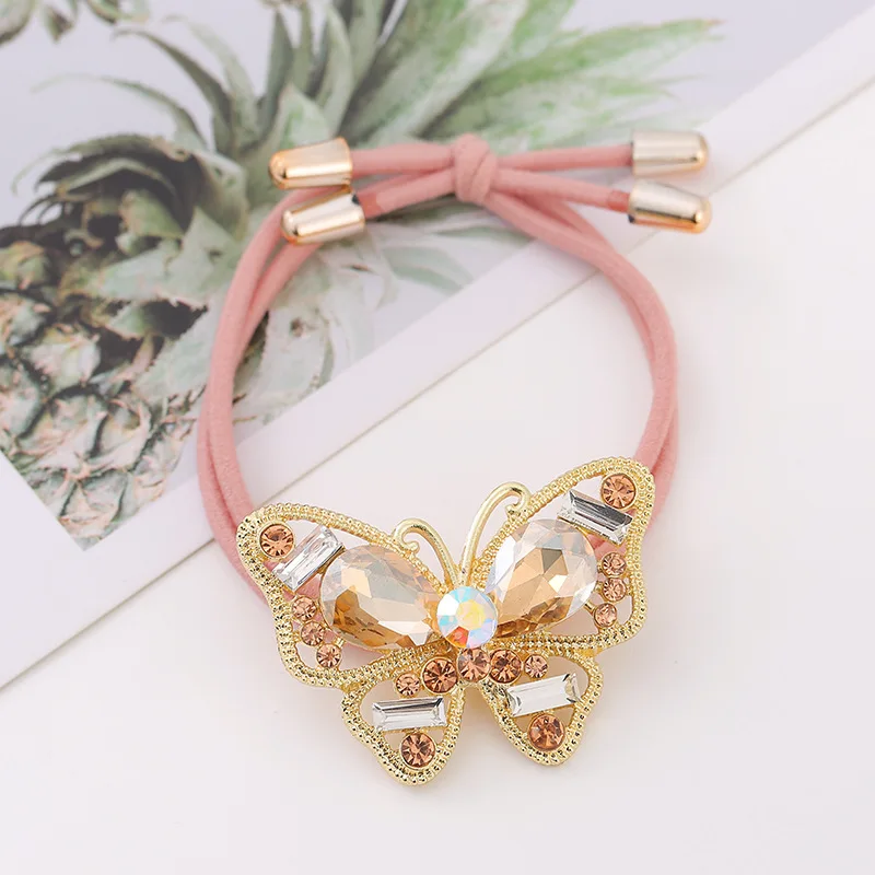 New Fashion Korean Style Alloy Rhinestone Butterfly  High Elasticity Rubber Band Hair Rope For Girl Women Summer Ponytail Tie