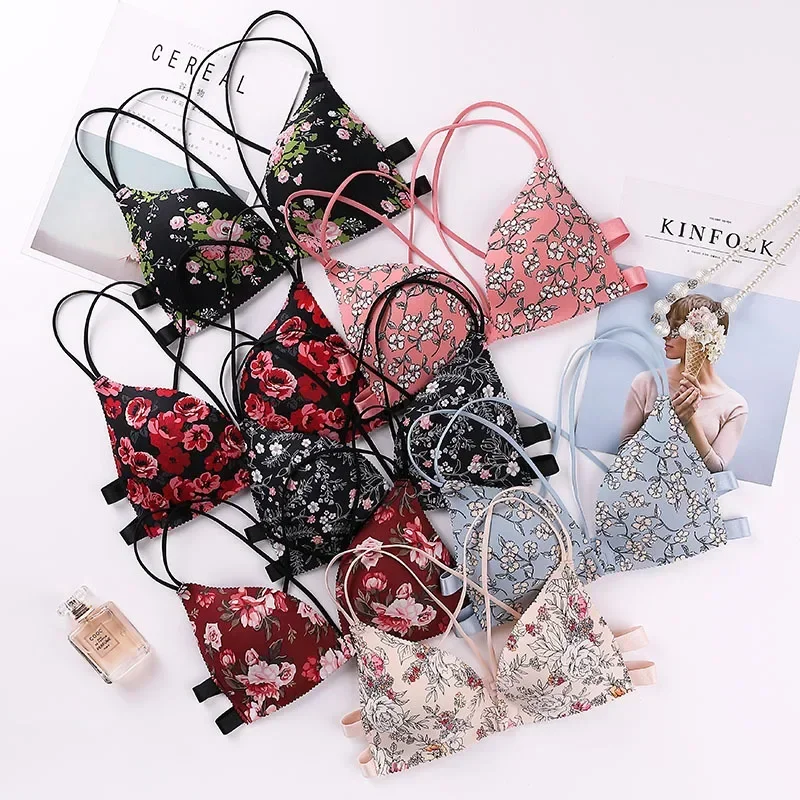 Women Flower Printed Bras Front Buckle Wireless Bralette Sexy Lingerie Comfort Push Up Floral Bras