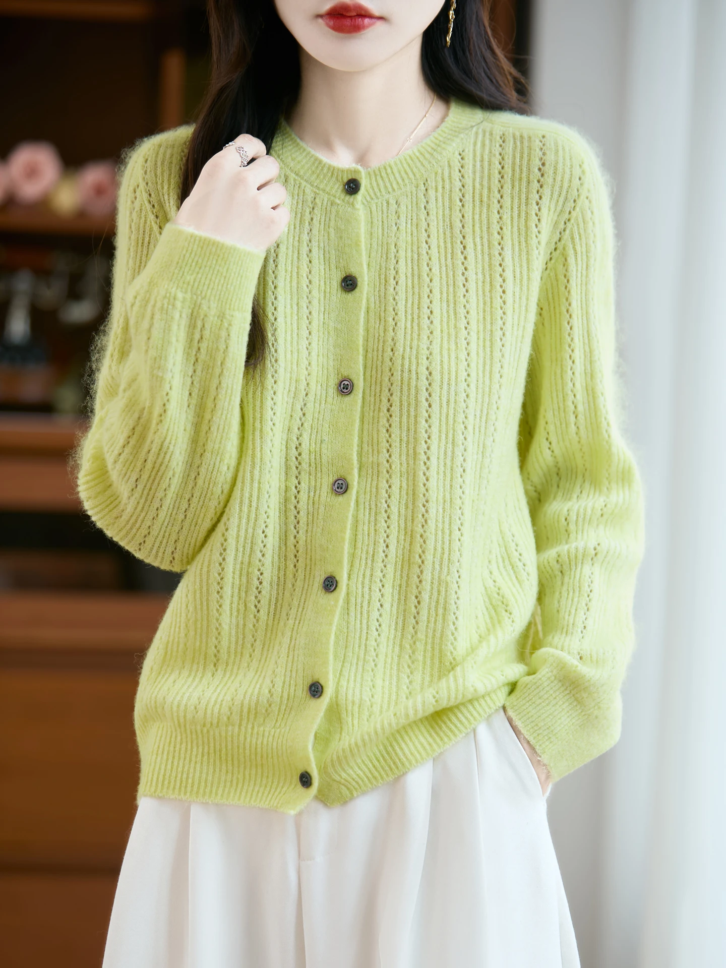 Hollow Out Autumn Winter Woman Sweater Elegant Ladies 30% Merino Wool Knitted Cardigan Cashmere Female Long Sleeve Clothing Tops