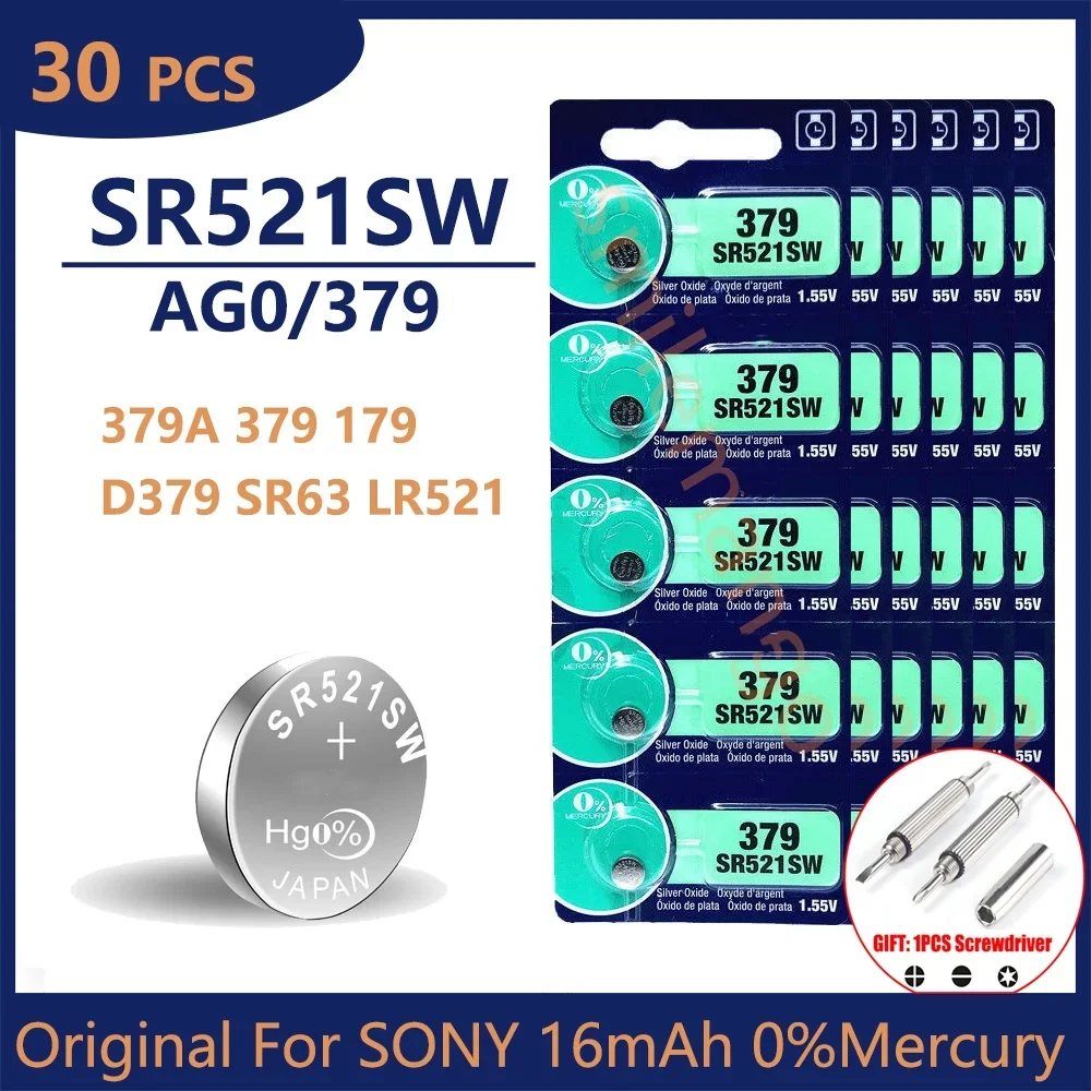 30PCS Original For SONY LR521 AG0 Button Batteries SR521SW 379A 379 179 D379 SR63 Alkaline Coin Cell Silver OxideWatch Battery