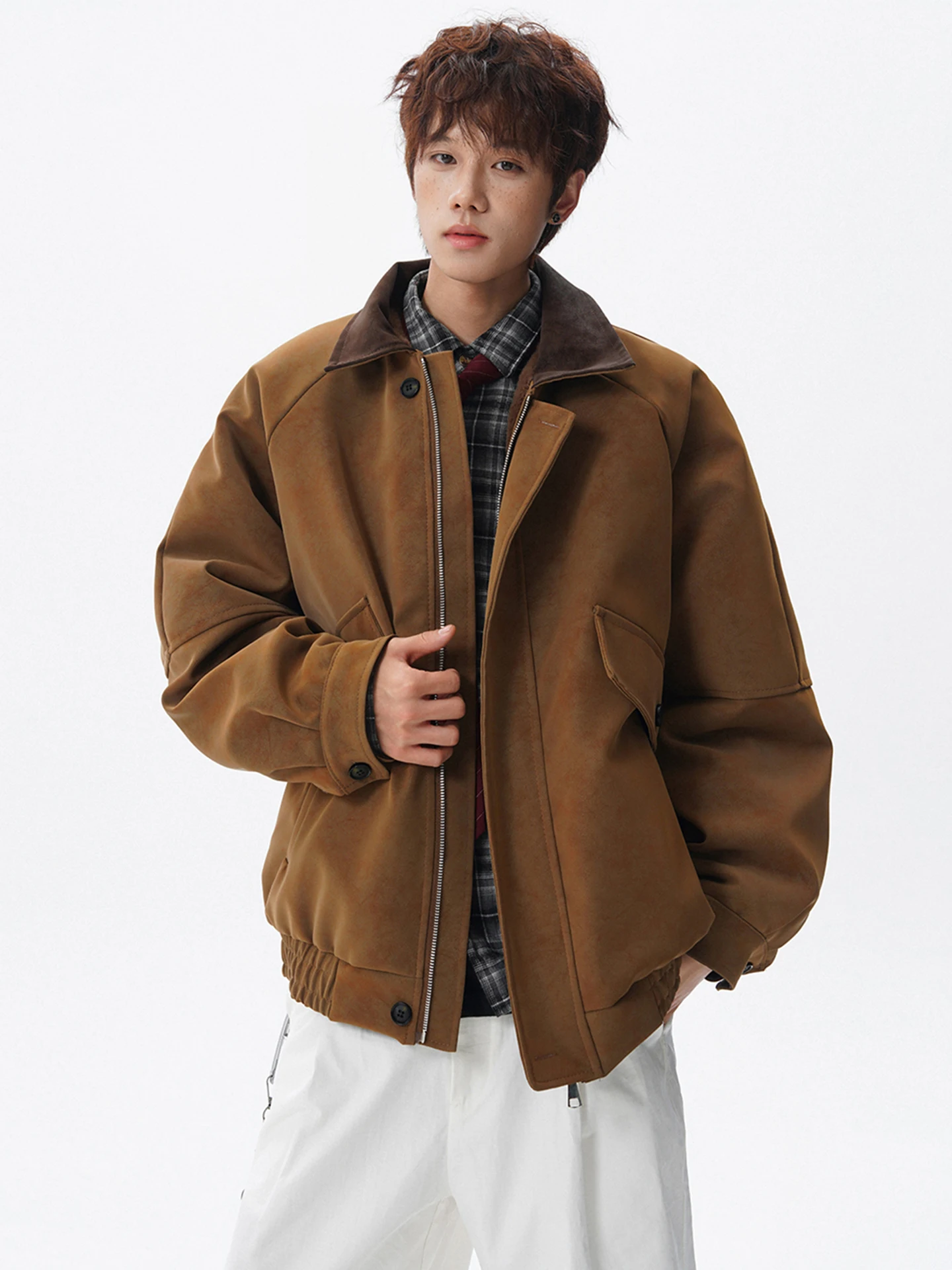 

Barnes Faion Men's Thiened Fce Lined Suede Jaet Winter Coat Design Sense Mosaic Collar Cotton Clothes Outerwear