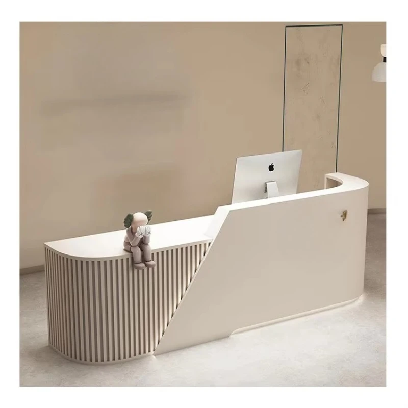 

Beauty salon Modern store design style Beige curved counter design Round wooden front desk Reception