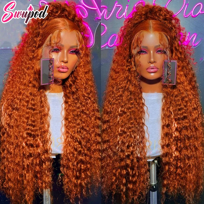 Swupod 13x4 13x6 220% Density Transparent HD Lace Front Wig for Women Deep Wave Remy Human Hair Ginger Orange 350# Loose Curly