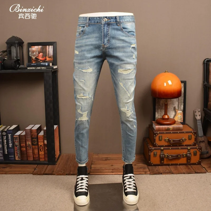 Men's Summer Thin Light Blue Washed Ripped American Style Stretch Slim Skinny Versatile Casual Daily Denim Pants