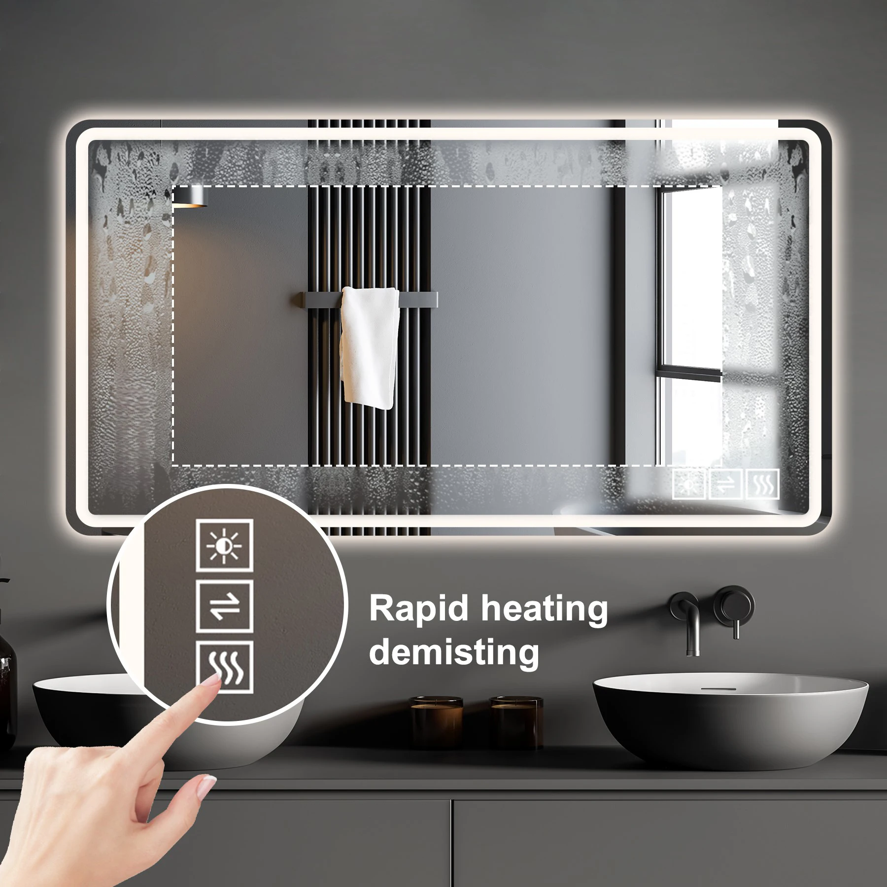 

Умное настенное LED-зеркало для ванной с сенсорным экраном, функцией антизапотевания и подсветкой для отелей, салонов и барбершопов