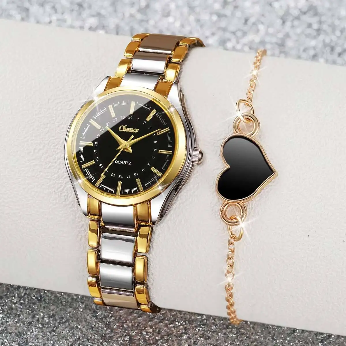 2 шт. модные женские часы, роскошный ремешок из сплава, кварцевые часы, набор браслетов в форме сердца, Reloj Mujer (без коробки)