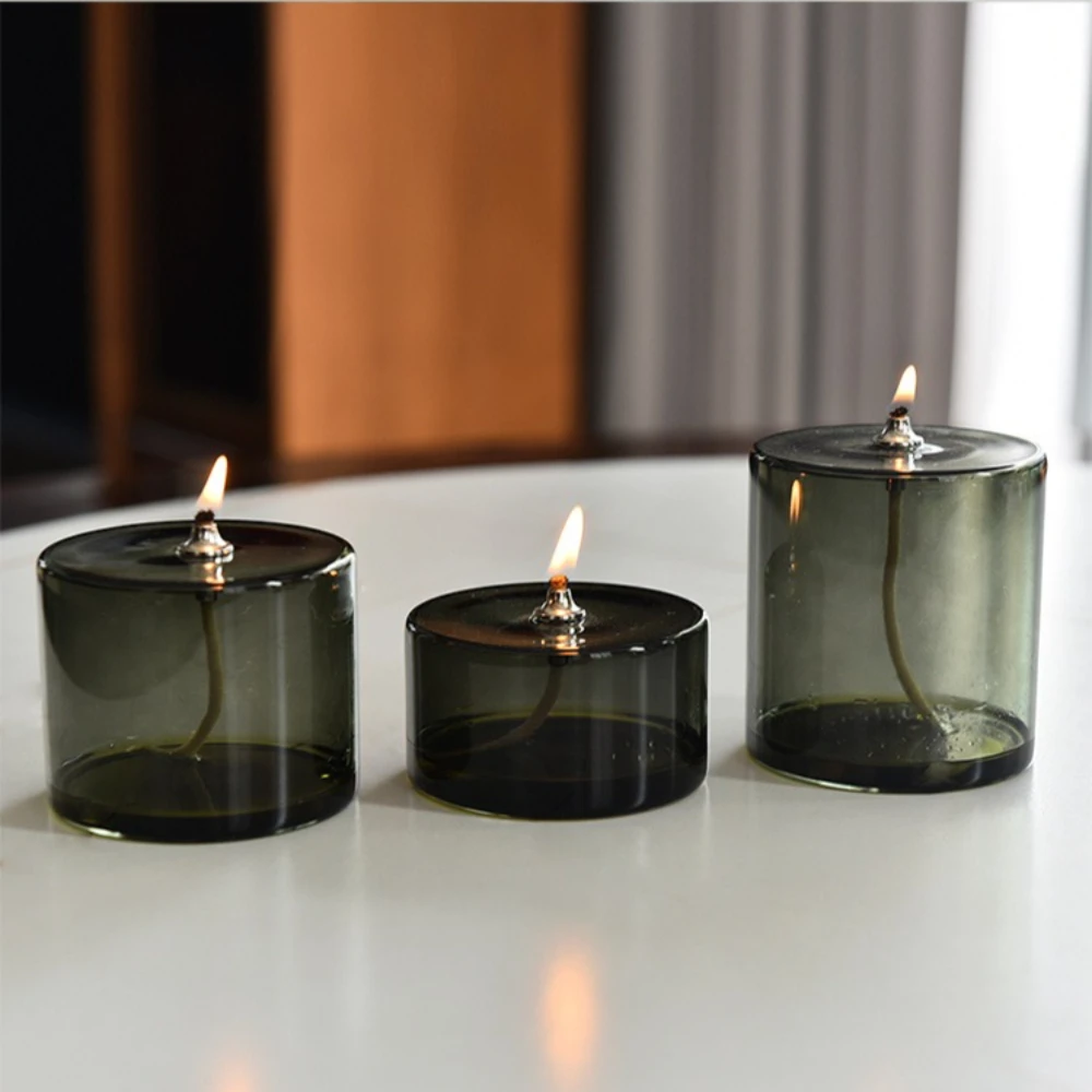 Dark Cylindrical Transparent Glass European Style Decorative Home Furnishings Household Desktop Smokeless Pastry Oil Lamps