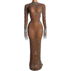 Long sleeved Rhinestones pearls Mesh Dress Luxury Birthday Celebrate Stretch Dress Formal Party Dress Wedding Party Prom Dress
