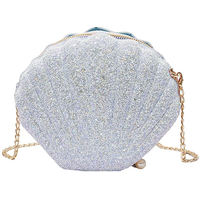 Women Girls Little Mermaid Seashell Purse -Body Shoulder Bags Glitter Sequins Chain Evening Purse, White