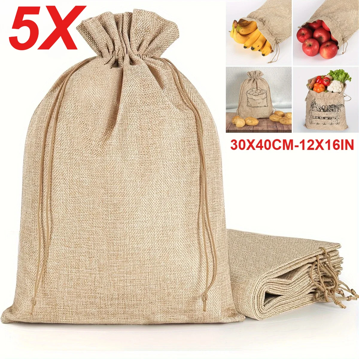 5PCS 30x40CM-(12x16in) Beige Linen Burlap Bags with Drawstring Gift Wrapping Sacks for Christmas Birthday Wedding Party