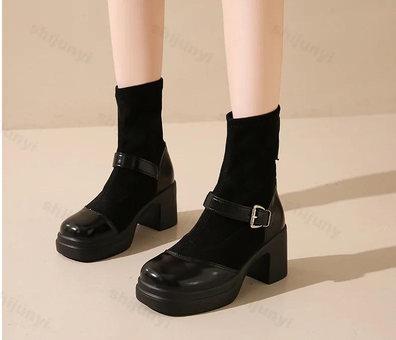 Women Suede Autumn Winter High Heel Boots Height Increasing Metal Buckle Party Shoes Round Head Splicing Chunky Heels Boots image 3