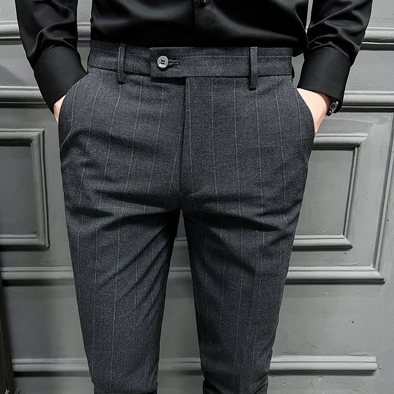 

High quality men's slim fit comfortable drape striped casual pants, business fashionable dark gray suit pants cargo