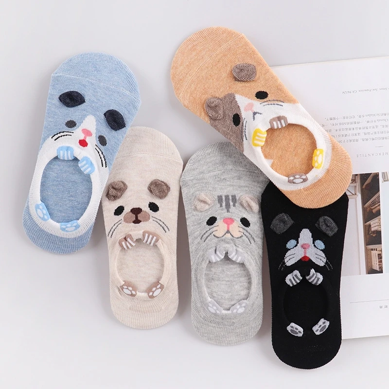 Japanese Fashion Summer Boat Socks for Women Cartoon Animal Harajuku Crew Socks Cute Funny Invisible Cotton Ankle Socks