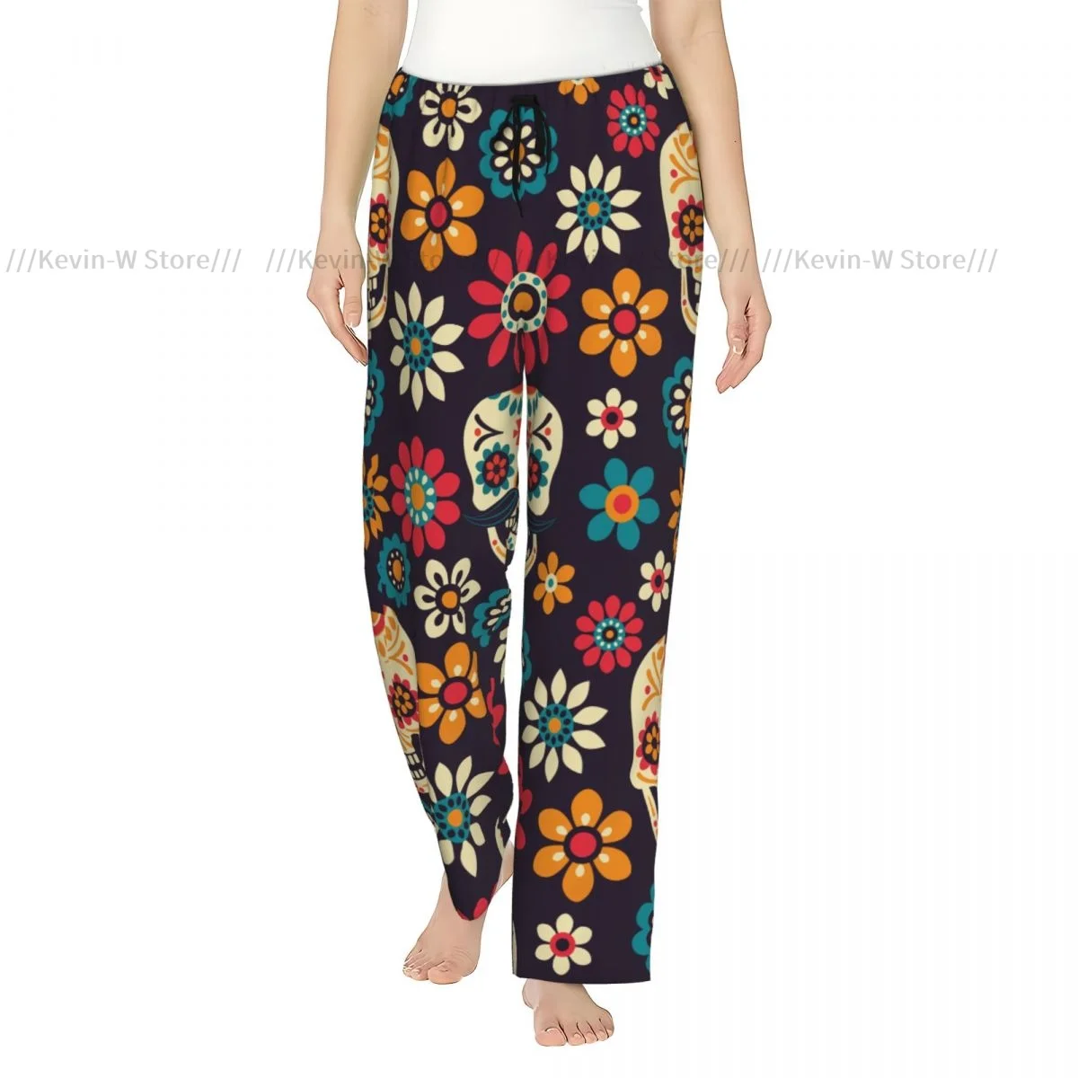 

Women Flannel Pajama Bottoms Soft Fleece Sugar Skulls And Flowers Day Of The Dead Sleep Pants with Drawstring Waist