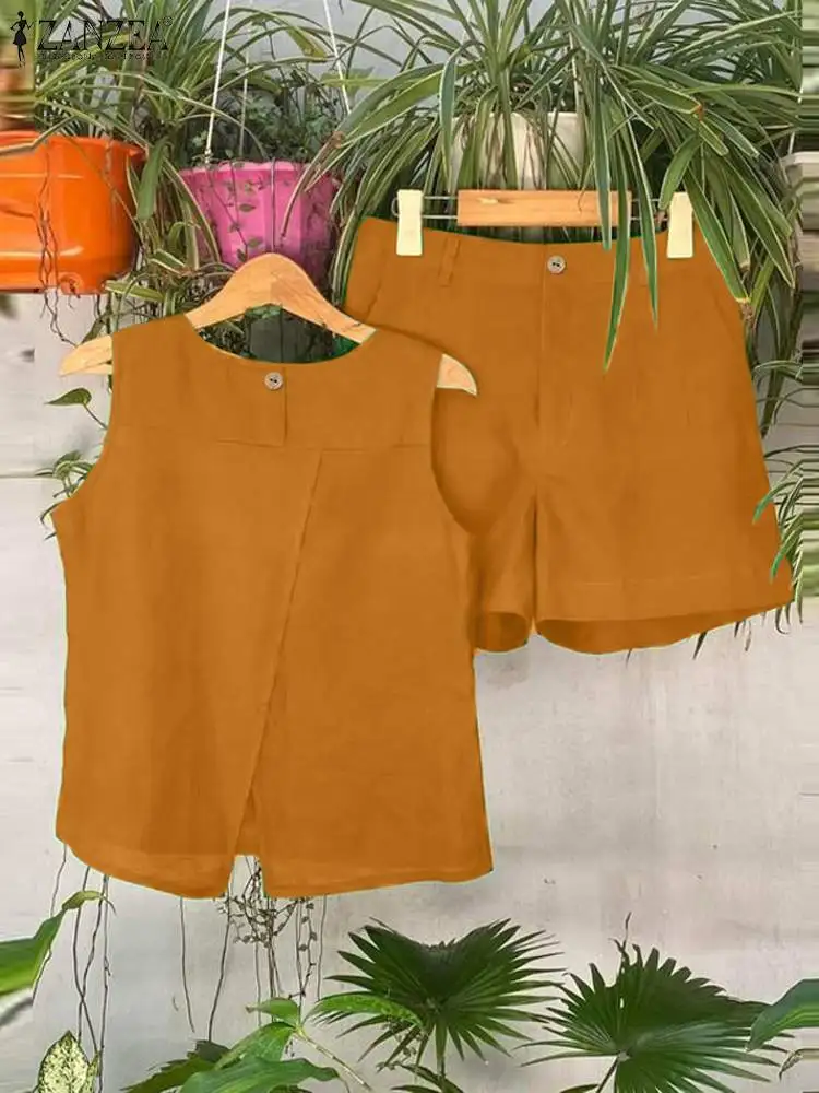 ZANZEA-Blusa sem mangas com o pescoço e shorts de perna larga para mulheres, roupas de treino monocromáticas, moda de rua casual, oversize, conjuntos 2 pcs, 2024