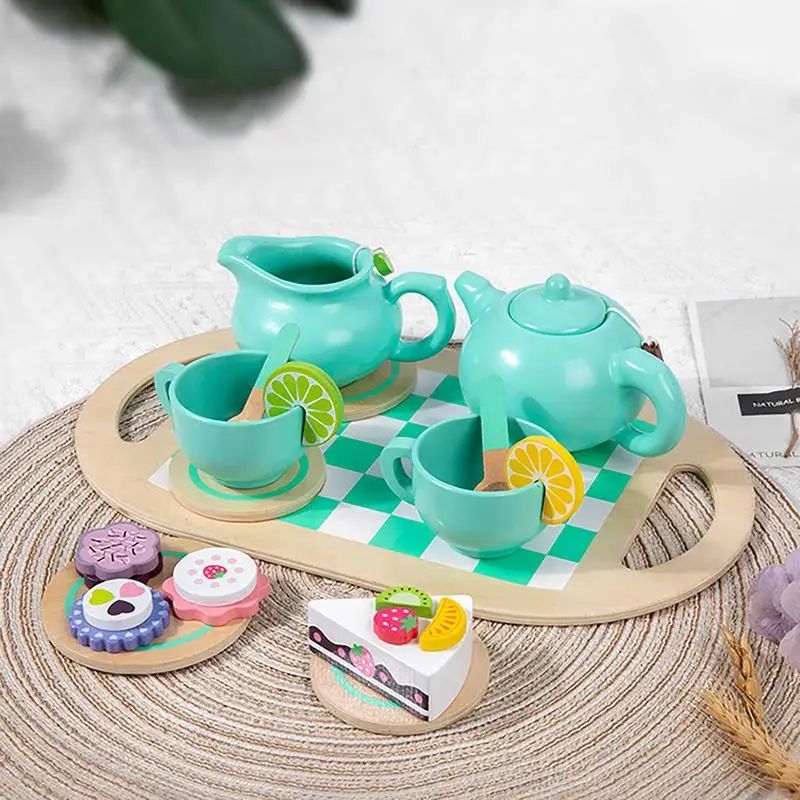 Juego de té para niños, juego de té de juguete, juego de rol, juguetes de cocina con tazas y cucharas, juguetes educativos, juego de té de madera para preescolar