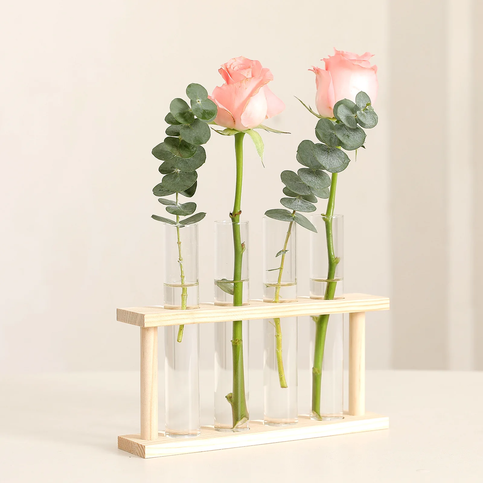 Wooden Frame Hydroponic Plant Vase Tabletop Test Tube Flower Arrangement Bottle Transparent Glass Vase Home Decoration Ornaments