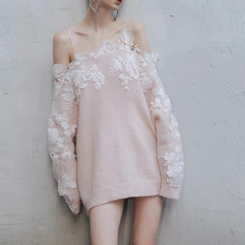 Fairy Style Women Lace Patchwork Sweater Autumn Temperament Commuting New Fashion Women's Loose Off Shoulder Knit Top Pullover