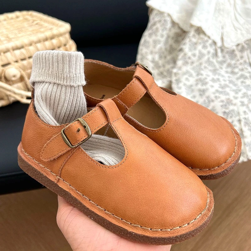 Brand Genuine Leather Girls Dress Shoes For Party Solid Strap Shallow Spring Autumn Patent Leather Flats Shoes For Kids Princess