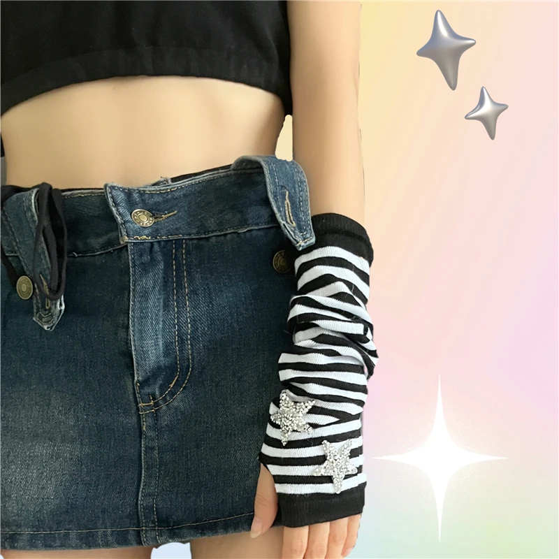 Harajuku Y2k kobiety długie rękawiczki bez palców gotyckie punkowe dziewczyny słodkie gwiazda z kryształu górskiego paski Arm Warmer rękawiczki z