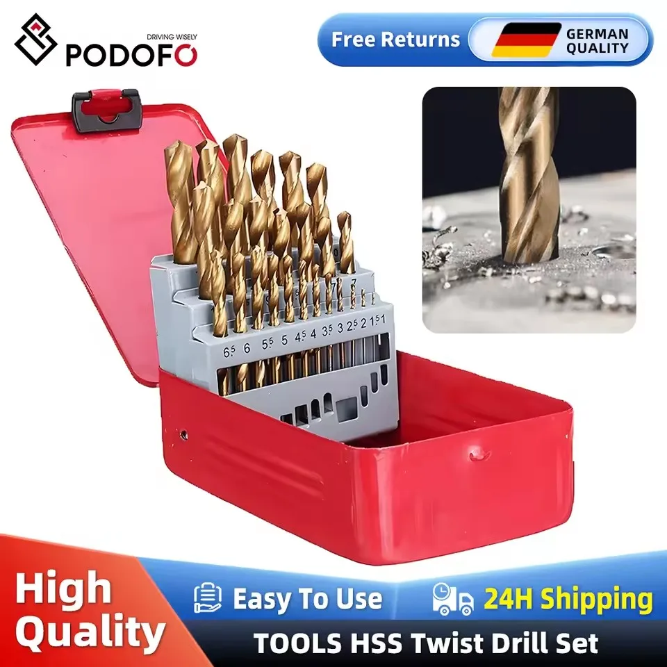 Podofo 25 pièces 1-13mm outil à tige ronde HSS jeu de forets hélicoïdaux enduit de titane coupe-trou foret en acier rapide travail du bois