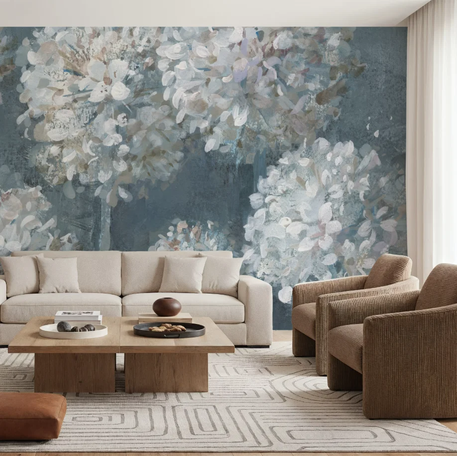 

Customized Size Mural Blue Grey Wall White Hydrangea Wallpaper Hand drawn Flower Cement Wall Gongbi Painting 3d wallpaper