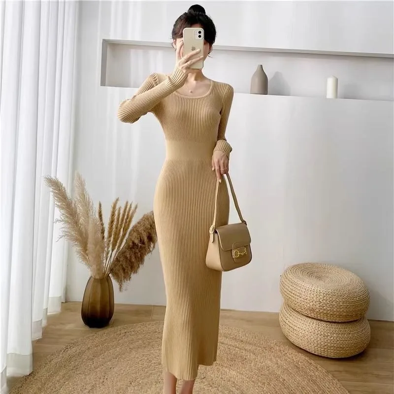 Robe tricotée pour femmes, jupe extérieure moulante à manches longues, moulante aux hanches, nouvelle collection printemps automne