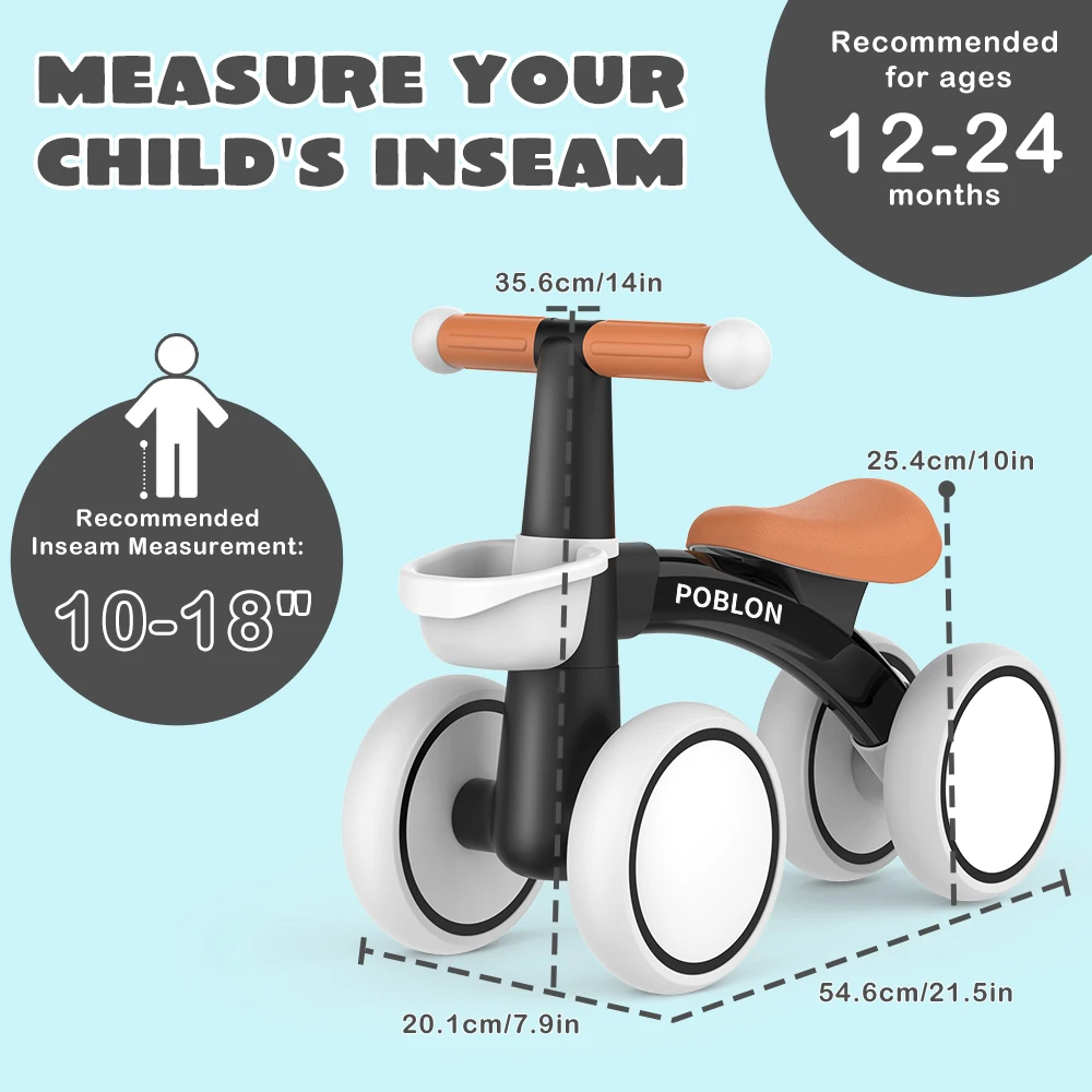 4-wielige loopfiets voor peuters van 1-2 jaar (12-24 maanden) met afneembare mandje, lichtgewicht rij-speelgoed, cadeau voor jongens en meisjes