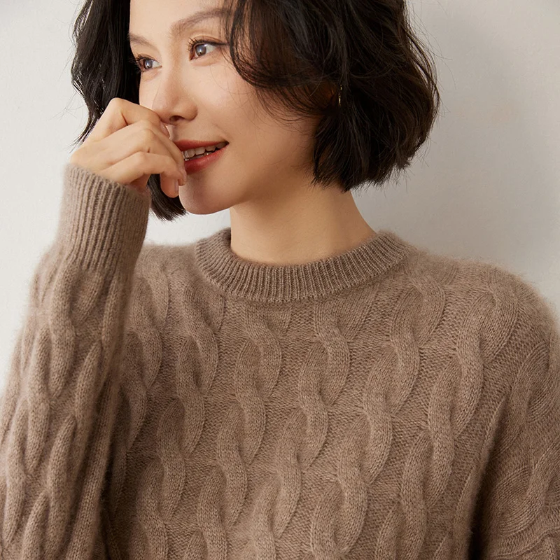 Damen-Komfortpullover aus 100 % Kaschmir, gestrickt, O-Ausschnitt, Kabelstich-Pullover, schlicht, sanft, exquisit, weich, warm, dick, langärmelig