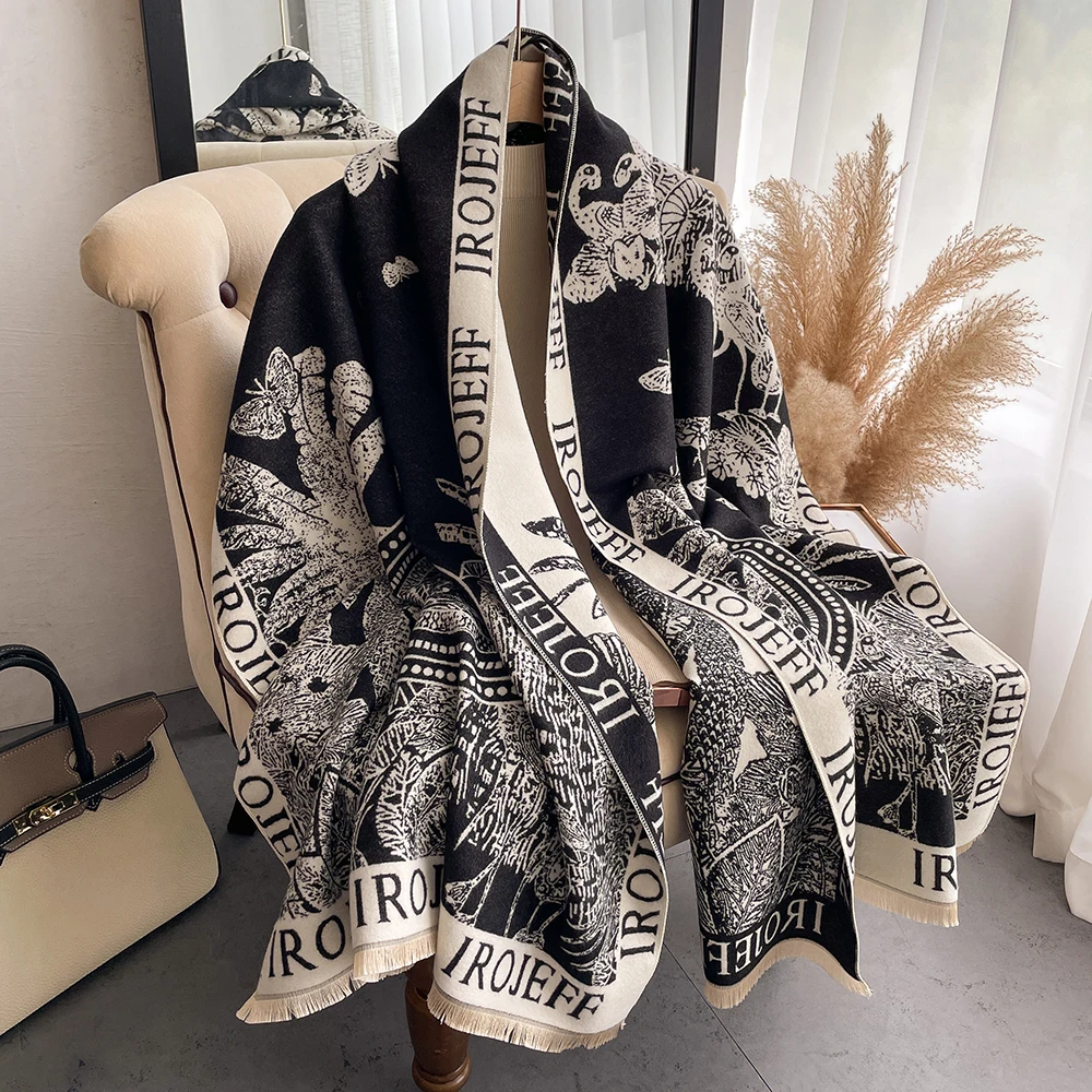 New Luxury Winter Rose Two-Sided Cashmere Jacquard Scarves High Quality Women Thicken Wrap Shawl Ladies Wool Pashmina Scarf