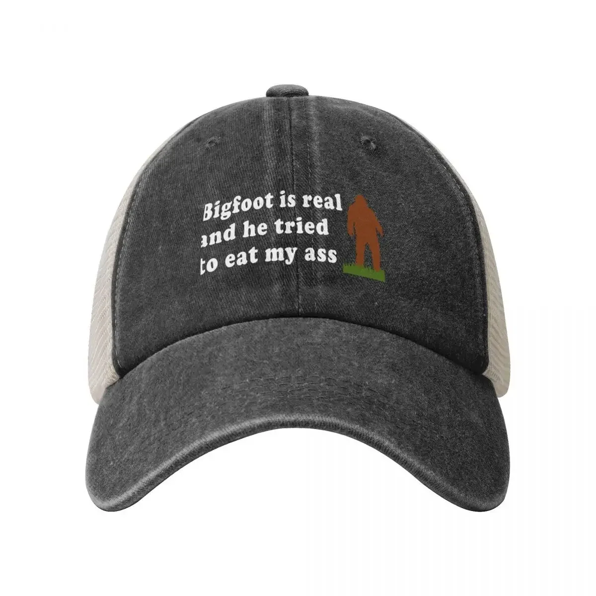 Bigfoot Is Real And He Tried To Eat My Ass - Meme, Oddly Specific, Sasquatch, Cryptid Cowboy Mesh Baseball Cap