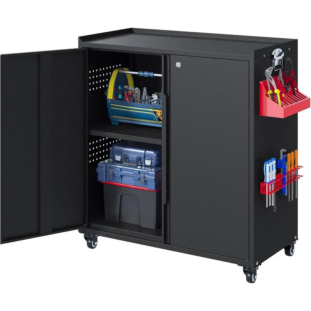 

Передвижной гаражный шкаф для хранения с регулируемыми полками и запирающейся дверцей, высота 34,2 дюйма, черный цвет