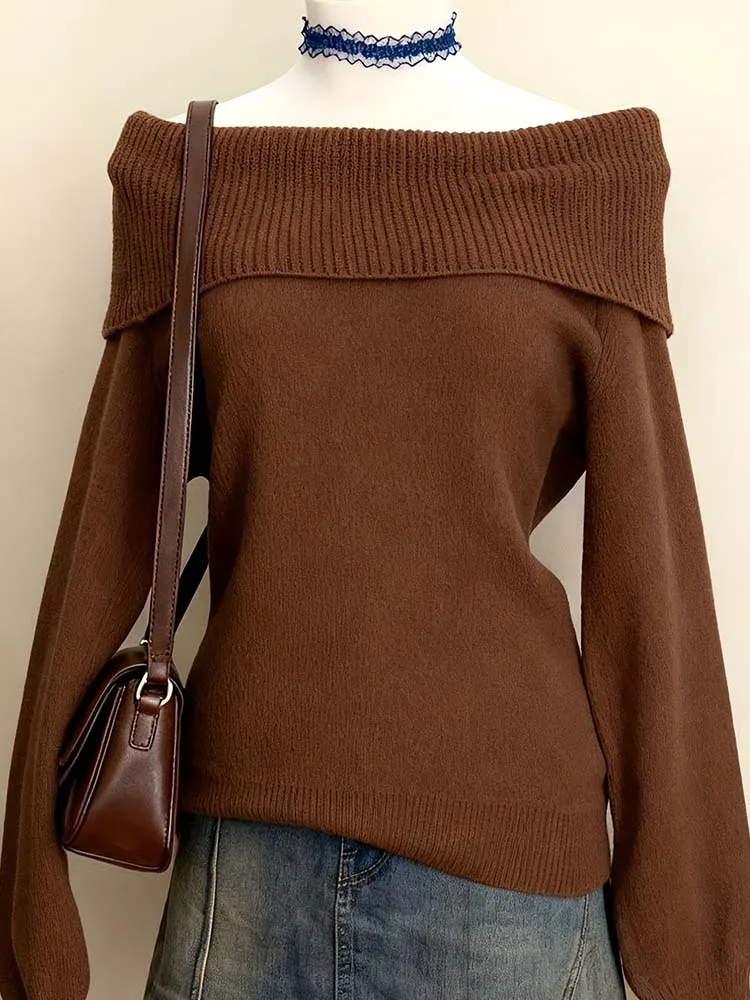 

Women's Brown Off Shoulder Knit Sweater Fold Over Neck Long Sleeve Casual Pullover Knitwear