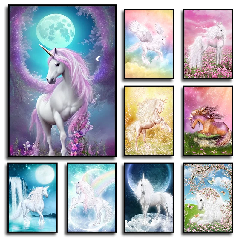 Cartoon Magic Unicorn Dreams Rainbow Nordic Poster Print Wall Art Canvas Painting Wall Pictures for Living Room Home Decor