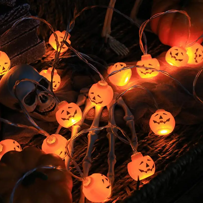 Luzes LED String para decoração de festa de Halloween, abóbora, crânio, mão, morcego, folhas de bordo, guirlanda, iluminação de fadas, casa, jardim