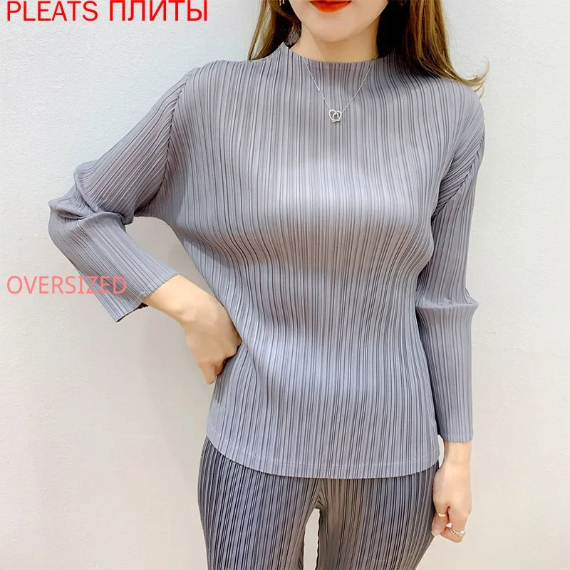 Miyake Pleated Long-Sleeved T-shirt for Women, New PP Series Bottoming Shirt, One Piece Top, Summer