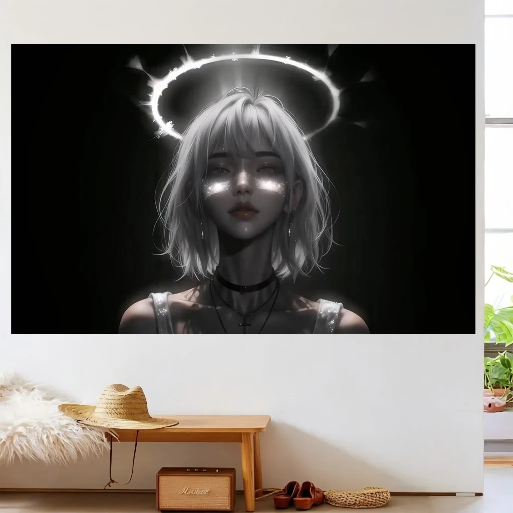 Gothic Dark Angel Tapestry Glowing Halo Anime Girl Wall Hanging Art for Dorm Bedroom Dark Aesthetic Room Home Decoration