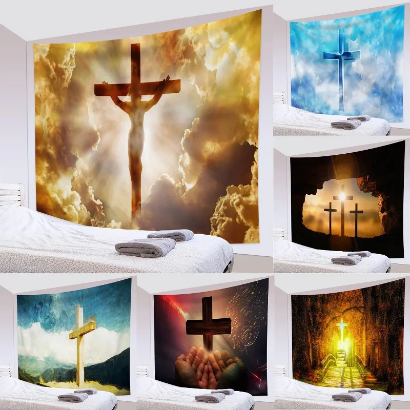 Jesus Print Tapestry Christian Holy Cross  Wall Hanging Easter Background Cloth Bedroom Dormitory Decoration