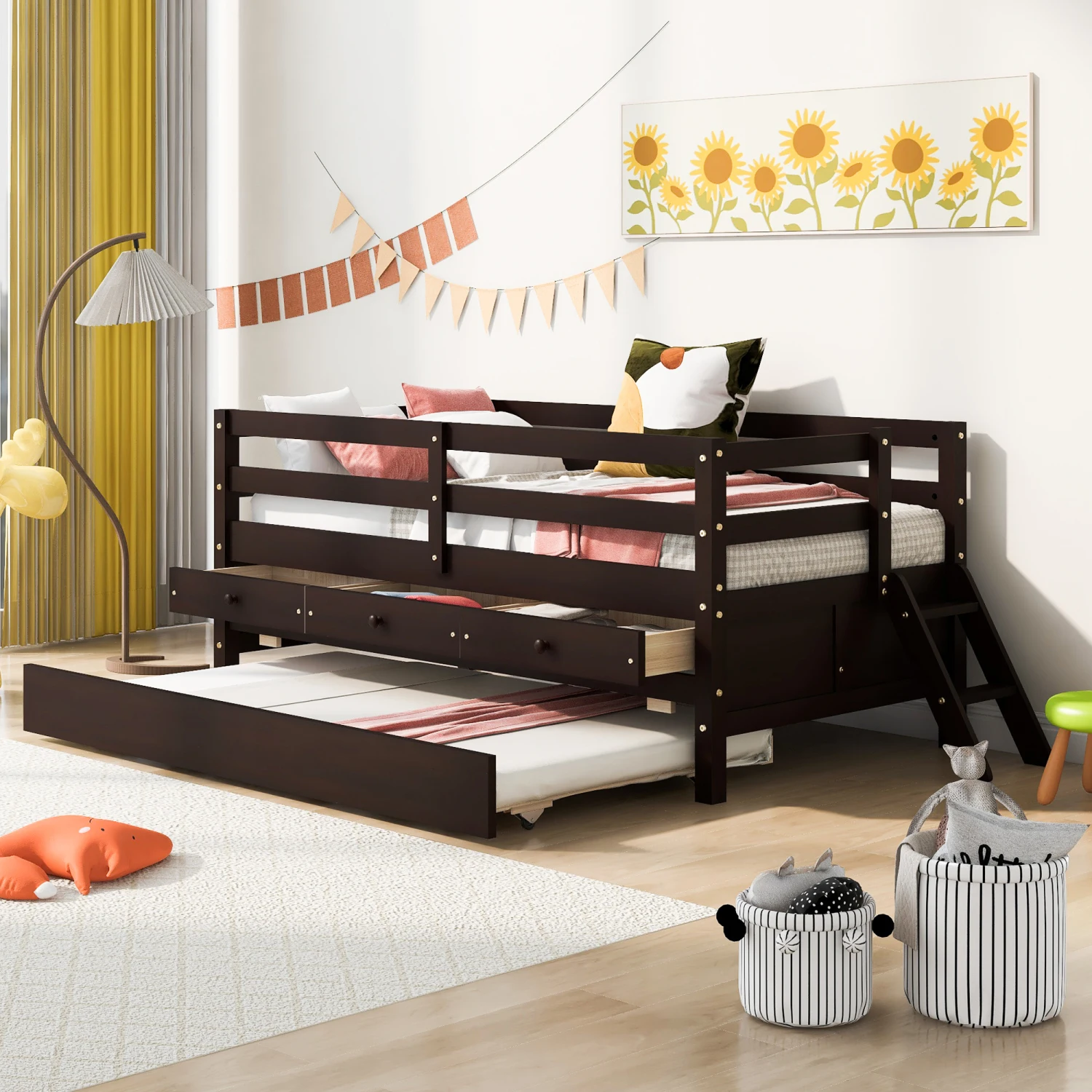 

Low Loft Bed Twin Size with Full Safety Fence, Climbing ladder, Storage Drawers and Trundle Espresso Solid Wood Bed