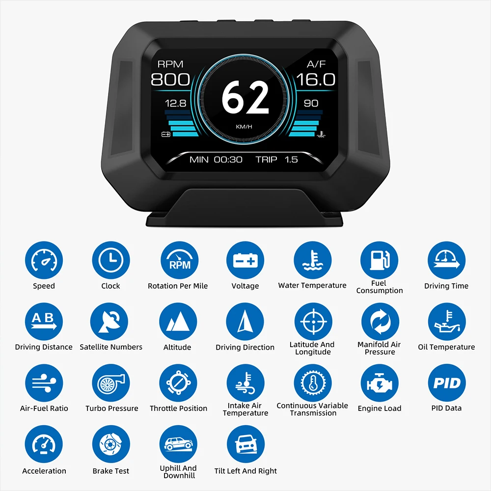 P21 Smart Gauge Car Head HUD Speedometer Turbo Boost OBD2 GPS 12 Language Options LCD Speed Water Temperature Fuel Consumption