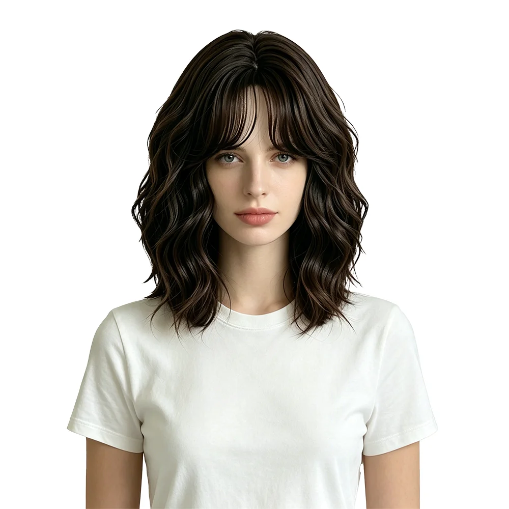 

Natural Black Brown Egg Roll Bob Wig Medium Length Fluffy Wavy Curly Hair For Women Daily Commute Party Date Cosplay Universal
