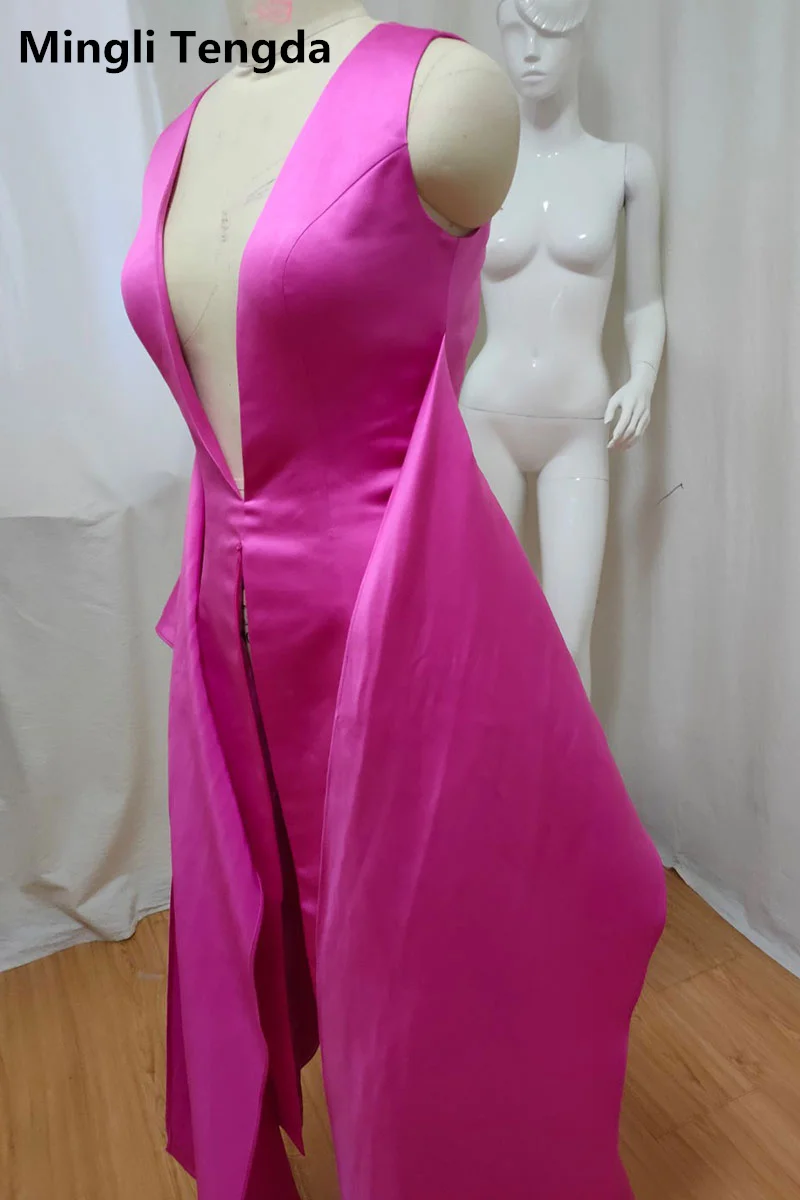 Mingli Tengda-chal largo sin mangas para mujer, capa de satén con cremallera frontal, Bolero de novia con cuello en V profundo, color rojo rosa