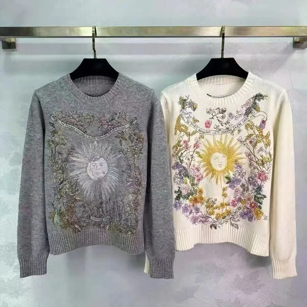 

Autumn Coat Embroidery Knit Sweaters Soft Pullover Women Tops Long Sleeve O-neck Short Sweater Y2k Top Jumpers Women's Clothing