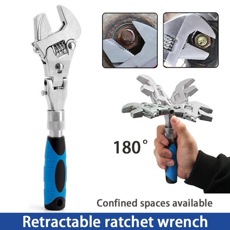 

10 Inch Adjustable Ratchet Wrench 5 In 1 Torque Wrench 180 Degree Folding Spanner Hand Head Household Maintenance Pulley Wrench
