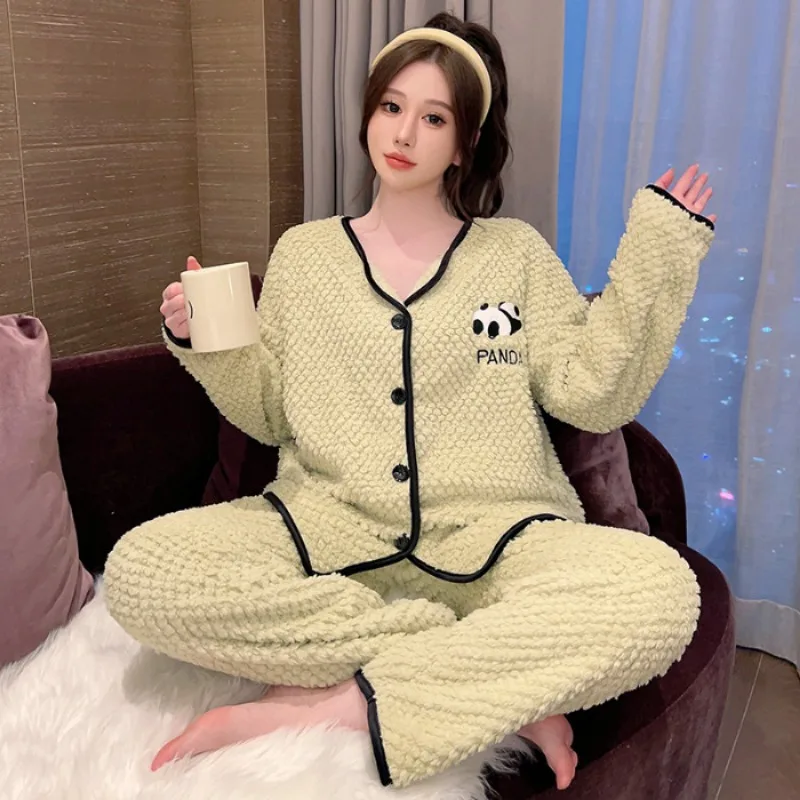 5XL Plus Size Coral Fleece Pajamas Set Women\'s Winter Cute Japanese Style Soft Plush Thickened Sleepwear Sweet Girl Home Clothes