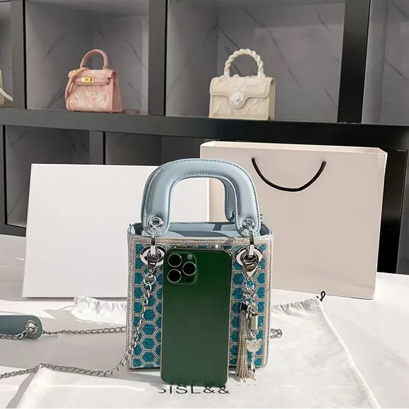 2024 bolsos cuadrados con diamantes para mujer, Mini bolsos de hombro con correa de cadena, bolsos cruzados a la moda, bolsos de calidad con asa