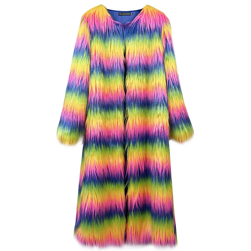 Regenbogenfarbener Pelzmantel aus Bergwolle, verlängerte Länge, Oberbekleidung, feenhafte Lederimitation für Damen und Herren, Pendeln