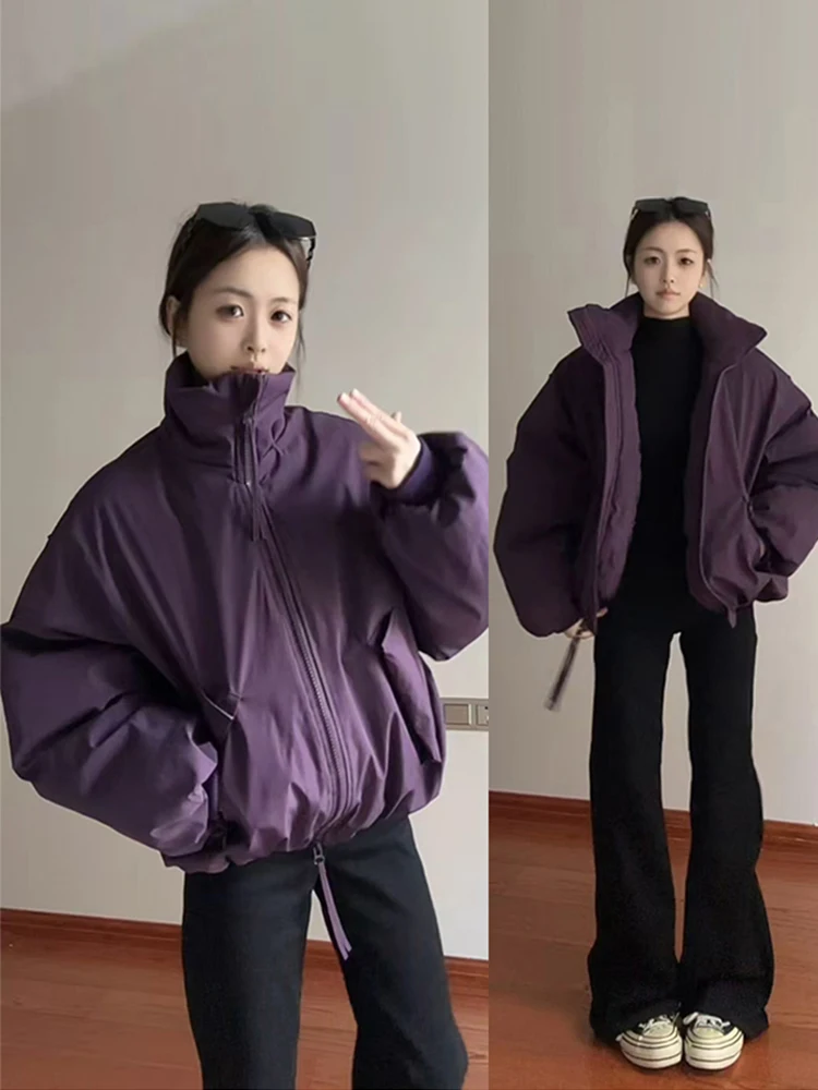 

Purple American Sle Stand Collar Winter Thiened New Snowy Cotton Jaet Men's High-End Feeling Cool Cotton Coat Outerwear