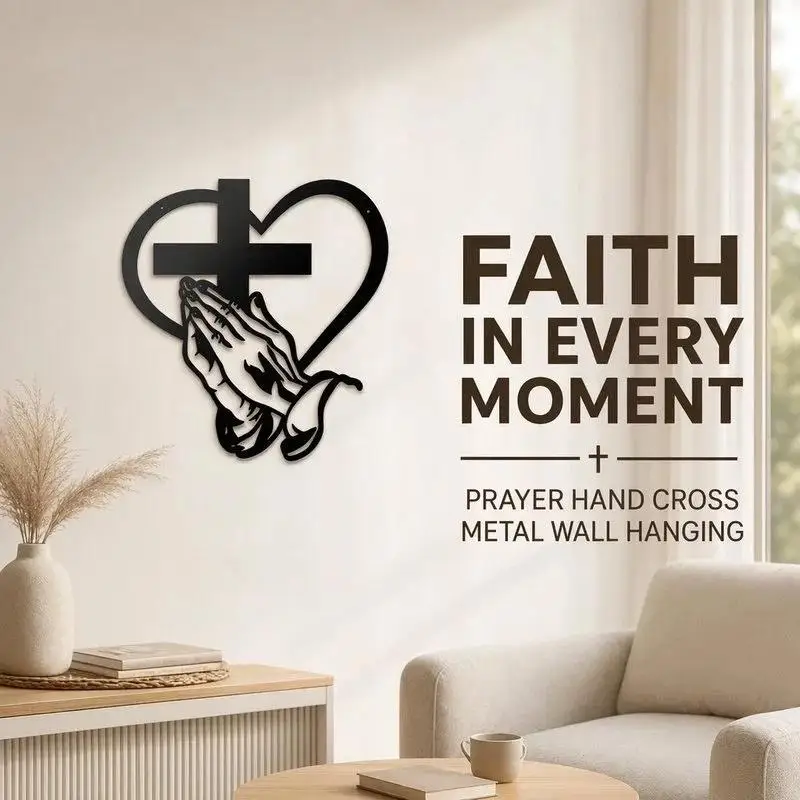 Black Metal Prayer Hand Cross Heart Wall Hanging With Religious Design Perfect For Living Room Bedroom Home Decor